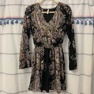 CINCHED WAIST BELL SLEEVE FLORAL DRESS